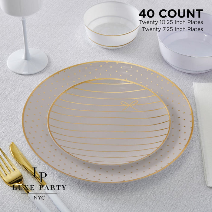 Luxe Party NYC Linen and Gold Plastic Bow and Dot Dinner and Salad Plates | 40 Pack