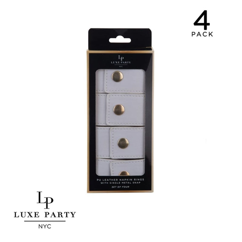 Luxe Party NYC Napkin Rings 7.5" White Band and Gold Snap Faux Leather Napkin Rings  | 4 Napkin Rings
