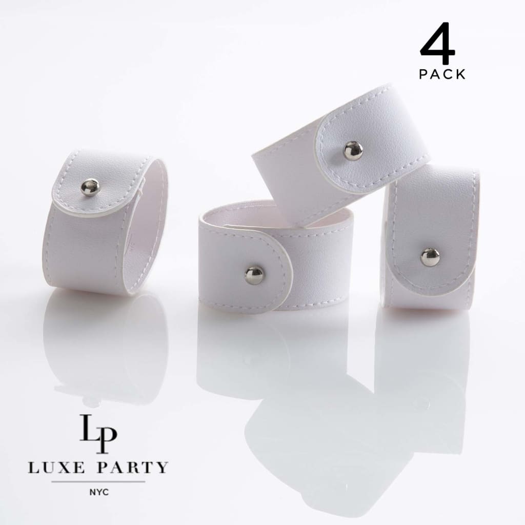 Luxe Party NYC Napkin Rings 7.5" White Band and Silver Stud Faux Leather Napkin Rings  | 4 Napkin Rings