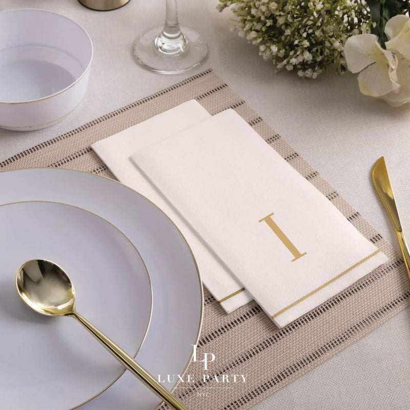 Luxe Party NYC Napkins 14 Guest Napkins - 4.25" x 7.75" Letter I Gold Monogram Paper Disposable Dinner Napkins | 14 Napkins