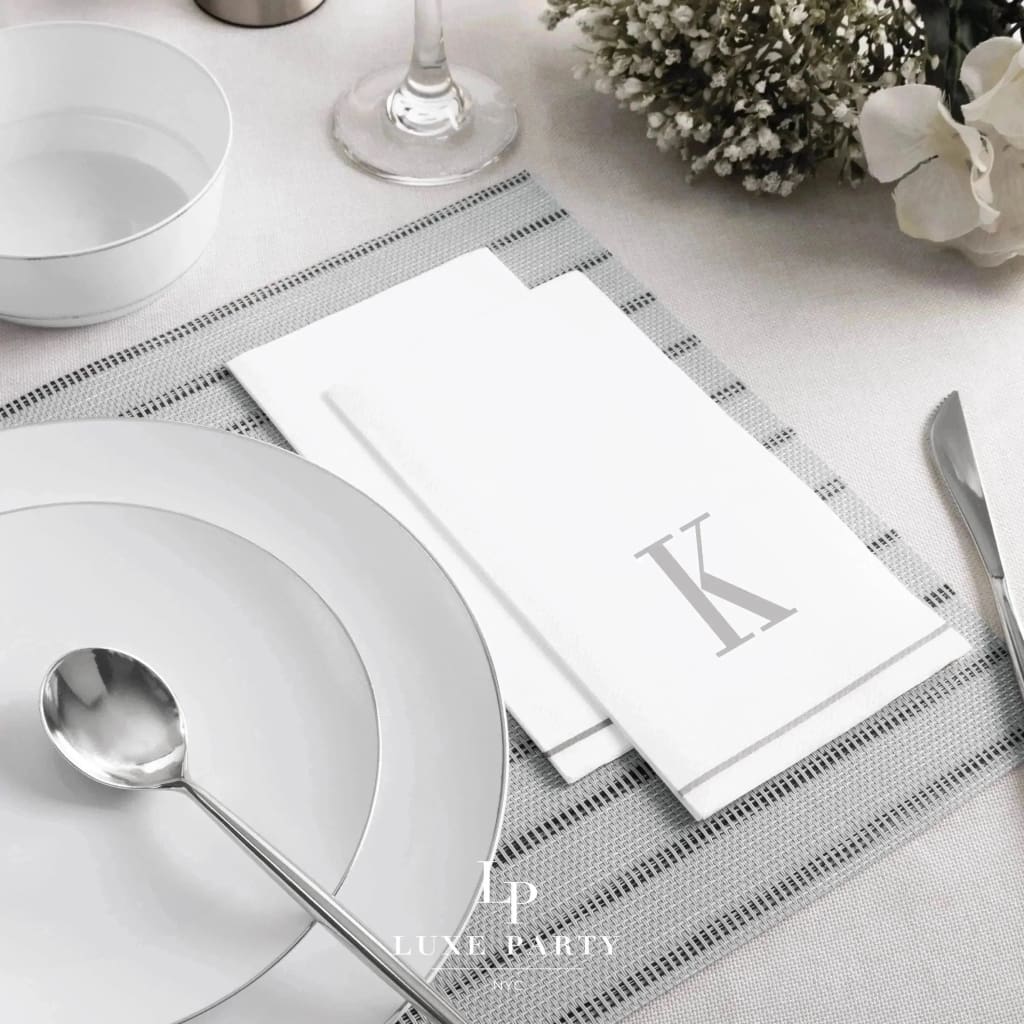 Luxe Party NYC Napkins 14 Guest Napkins - 4.25" x 7.75" Letter K Silver Monogram Paper Disposable Dinner Napkins | 14 Napkins