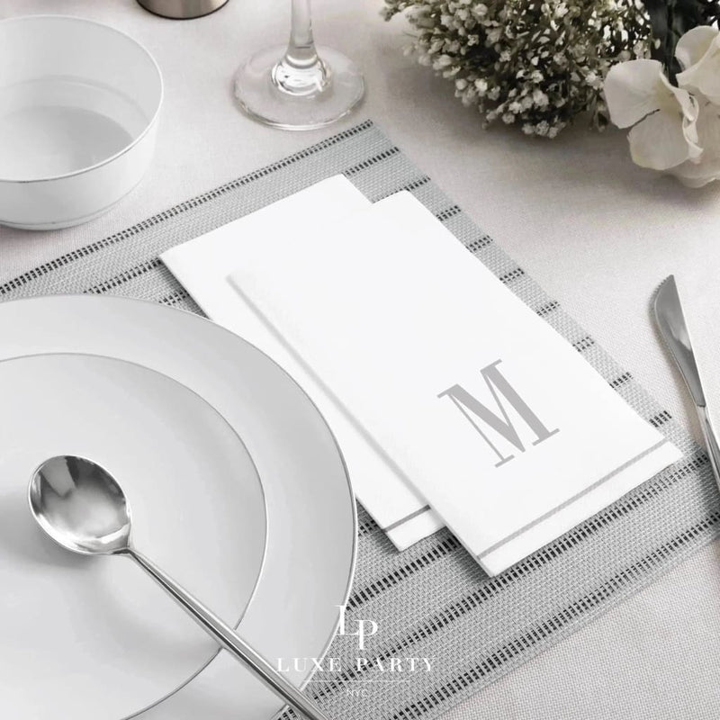 Luxe Party NYC Napkins 14 Guest Napkins - 4.25" x 7.75" Letter M Silver Monogram Paper Disposable Dinner Napkins | 14 Napkins