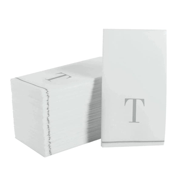 Luxe Party NYC Napkins 14 Guest Napkins - 4.25" x 7.75" Letter T Silver Monogram Paper Disposable Dinner Napkins | 14 Napkins