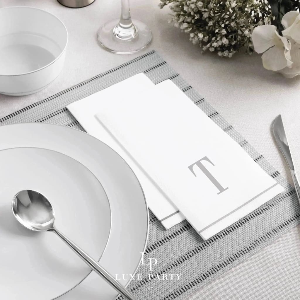 Luxe Party NYC Napkins 14 Guest Napkins - 4.25" x 7.75" Letter T Silver Monogram Paper Disposable Dinner Napkins | 14 Napkins
