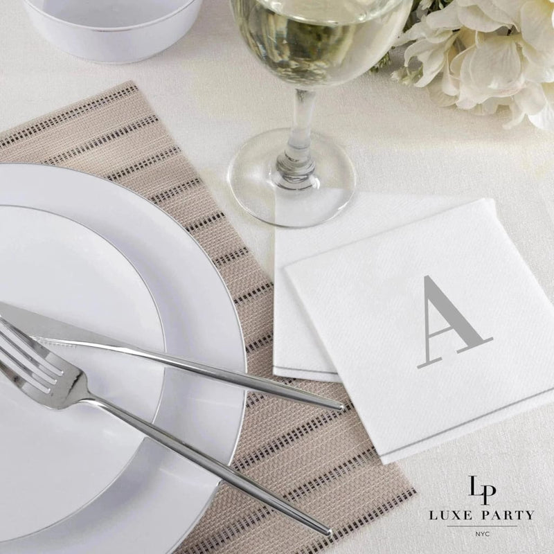 Luxe Party NYC Napkins 16 Cocktail Napkins - 5" x 5" Letter A Silver Monogram Cocktail Paper Disposable Napkins | 16 Napkins