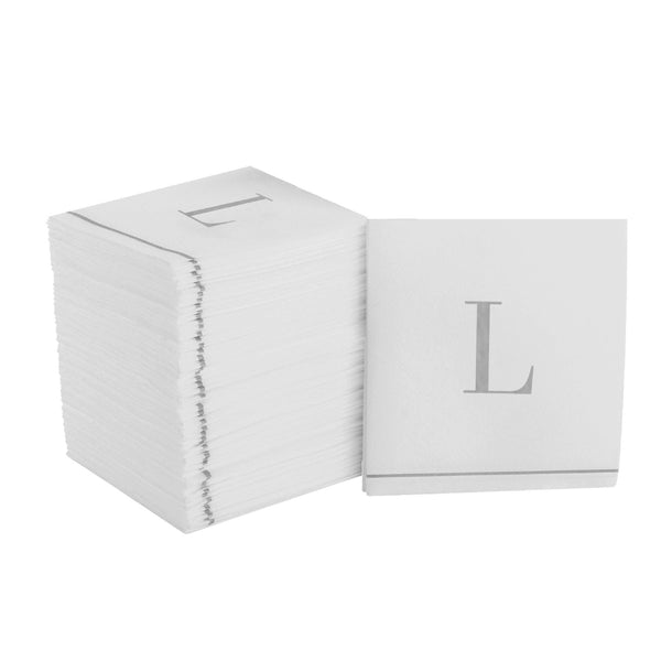 Luxe Party NYC Napkins 16 Cocktail Napkins - 5" x 5" Letter L Silver Monogram Cocktail Paper Disposable Napkins | 16 Napkins
