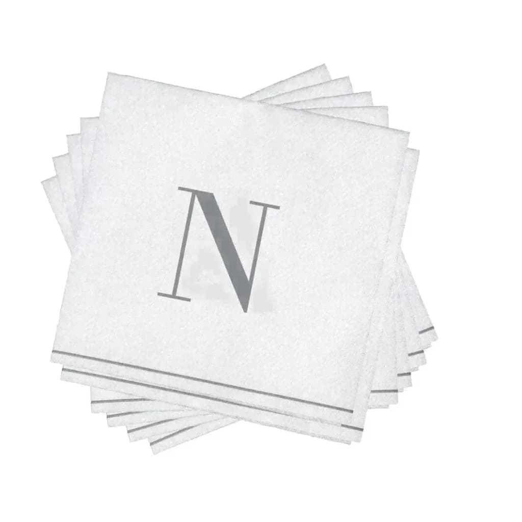 Luxe Party NYC Napkins 16 Cocktail Napkins - 5" x 5" Letter N Silver Monogram Cocktail Paper Disposable Napkins | 16 Napkins
