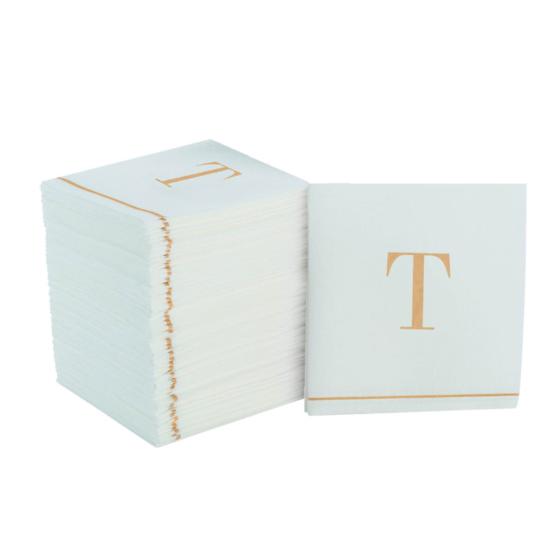 Luxe Party NYC Napkins 16 Cocktail Napkins - 5" x 5" Letter T Gold Monogram Cocktail Paper Disposable Napkins | 16 Napkins