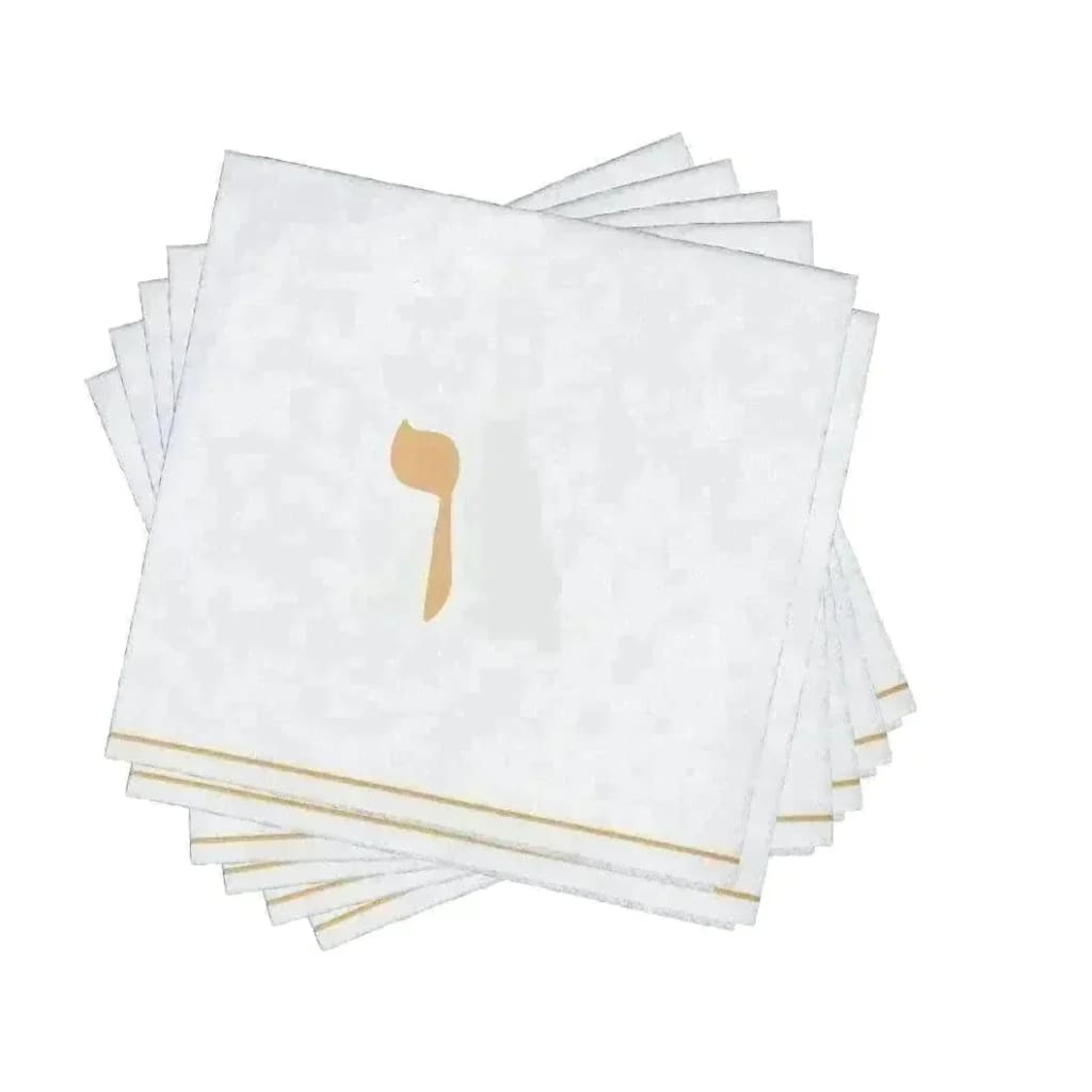 Luxe Party NYC Napkins 16 Cocktail Napkins - 5" x 5" White and Gold Hebrew VAV Paper Cocktail Napkins | 16 Napkins