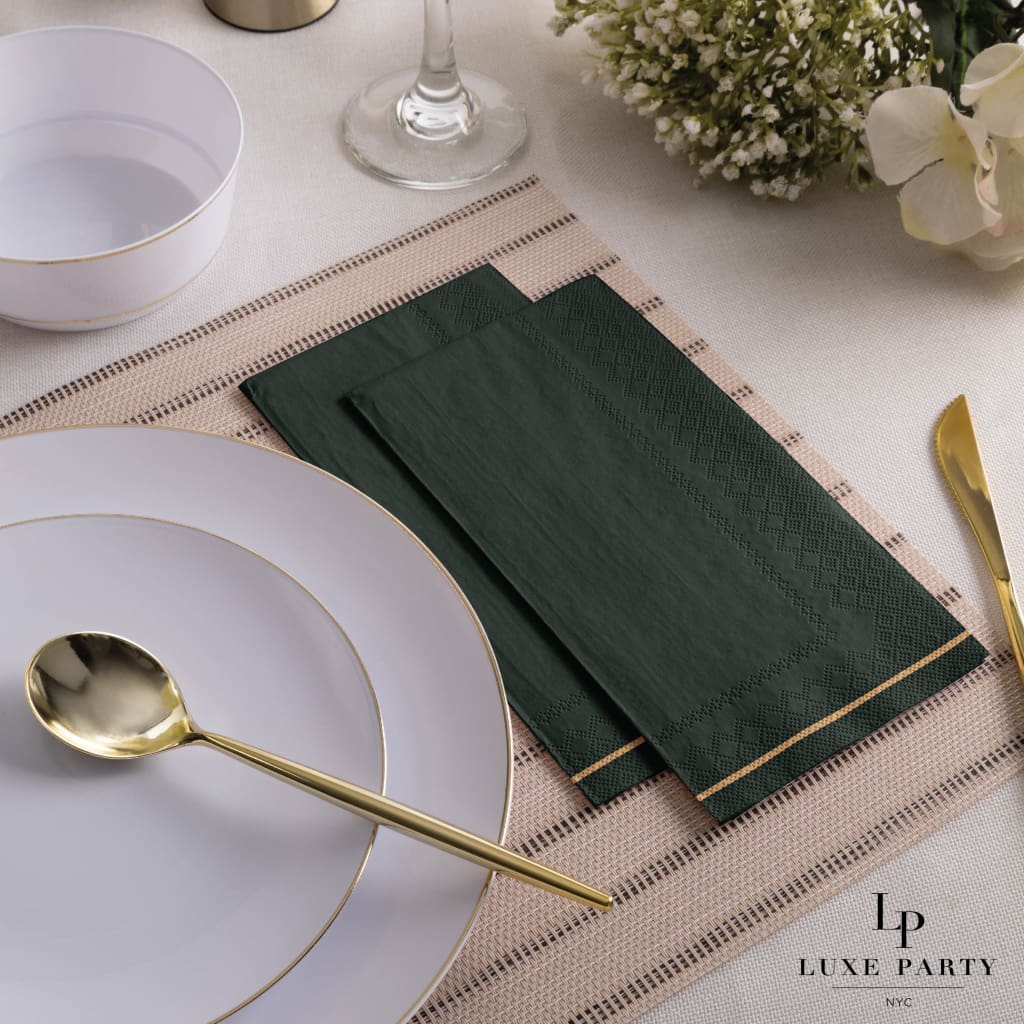 Luxe Party NYC Napkins 16 Dinner Napkins - 4.25" x 7.75" Emerald with Gold Stripe Guest Paper Napkins | 16 Napkins