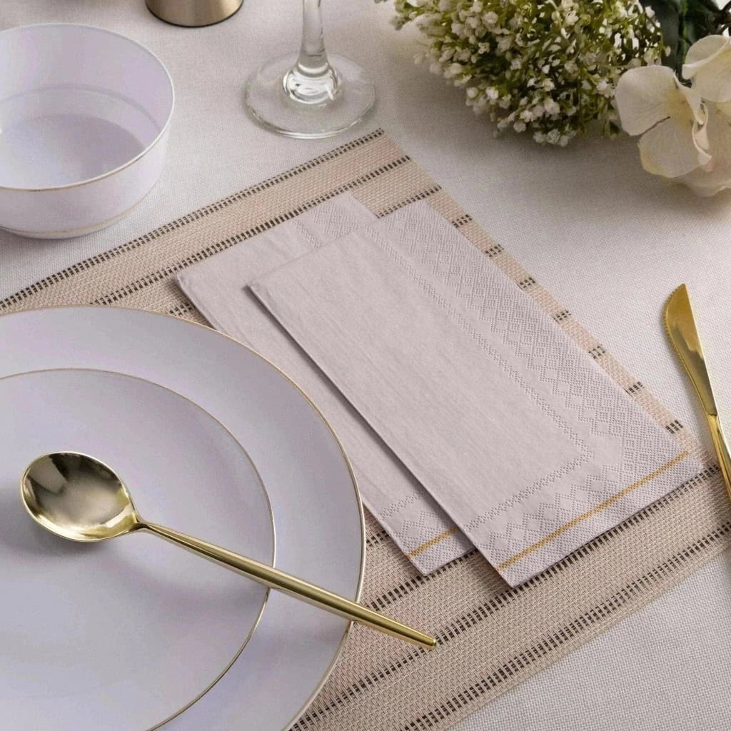 Luxe Party NYC Napkins 16 Dinner Napkins - 4.25" x 7.75" Linen with Gold Stripe Guest Paper Napkins | 16 Napkins