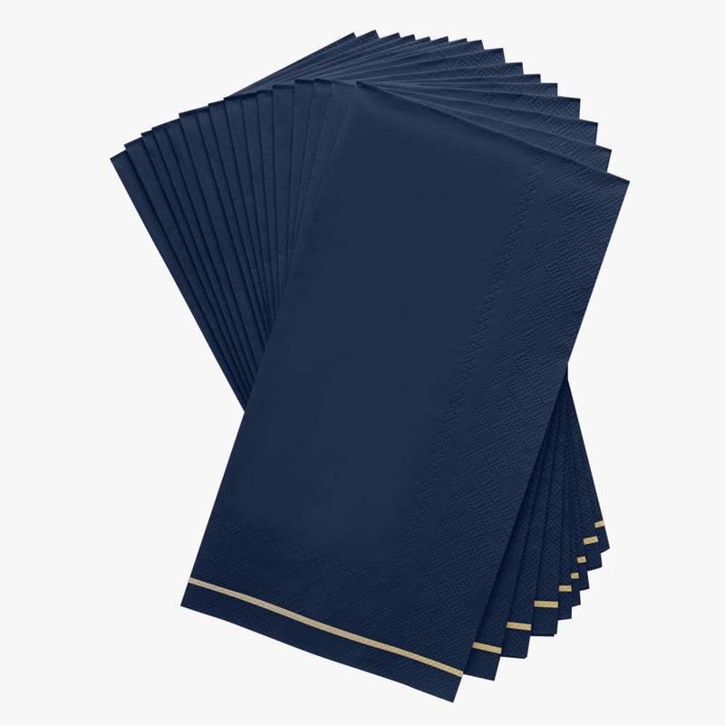 Luxe Party NYC Napkins 16 Dinner Napkins - 4.25" x 7.75" Navy with Gold Stripe Guest Paper Napkins | 16 Napkins