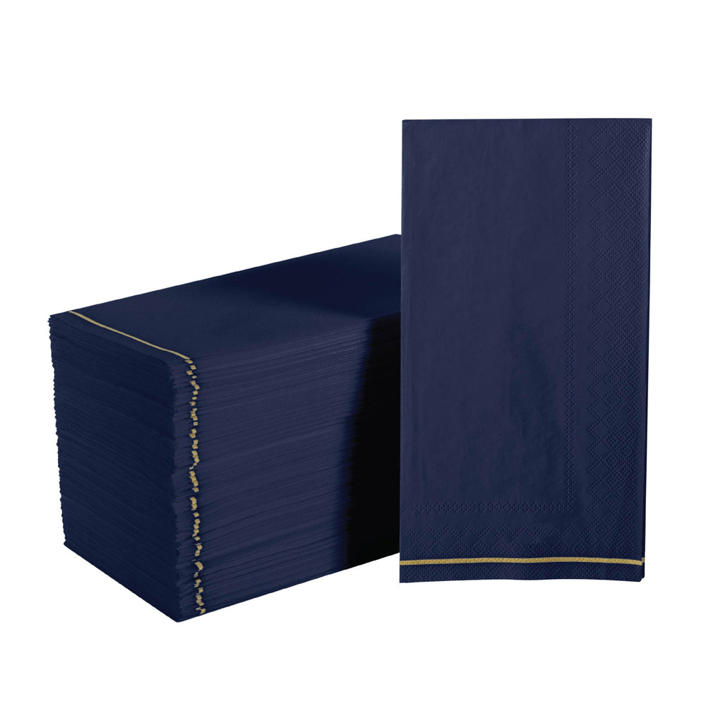 Luxe Party NYC Napkins 16 Dinner Napkins - 4.25" x 7.75" Navy with Gold Stripe Guest Paper Napkins | 16 Napkins