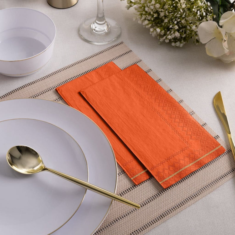 Luxe Party NYC Napkins 16 Dinner Napkins - 4.25" x 7.75" Orange with Gold Stripe Guest Paper Napkins | 16 Napkins