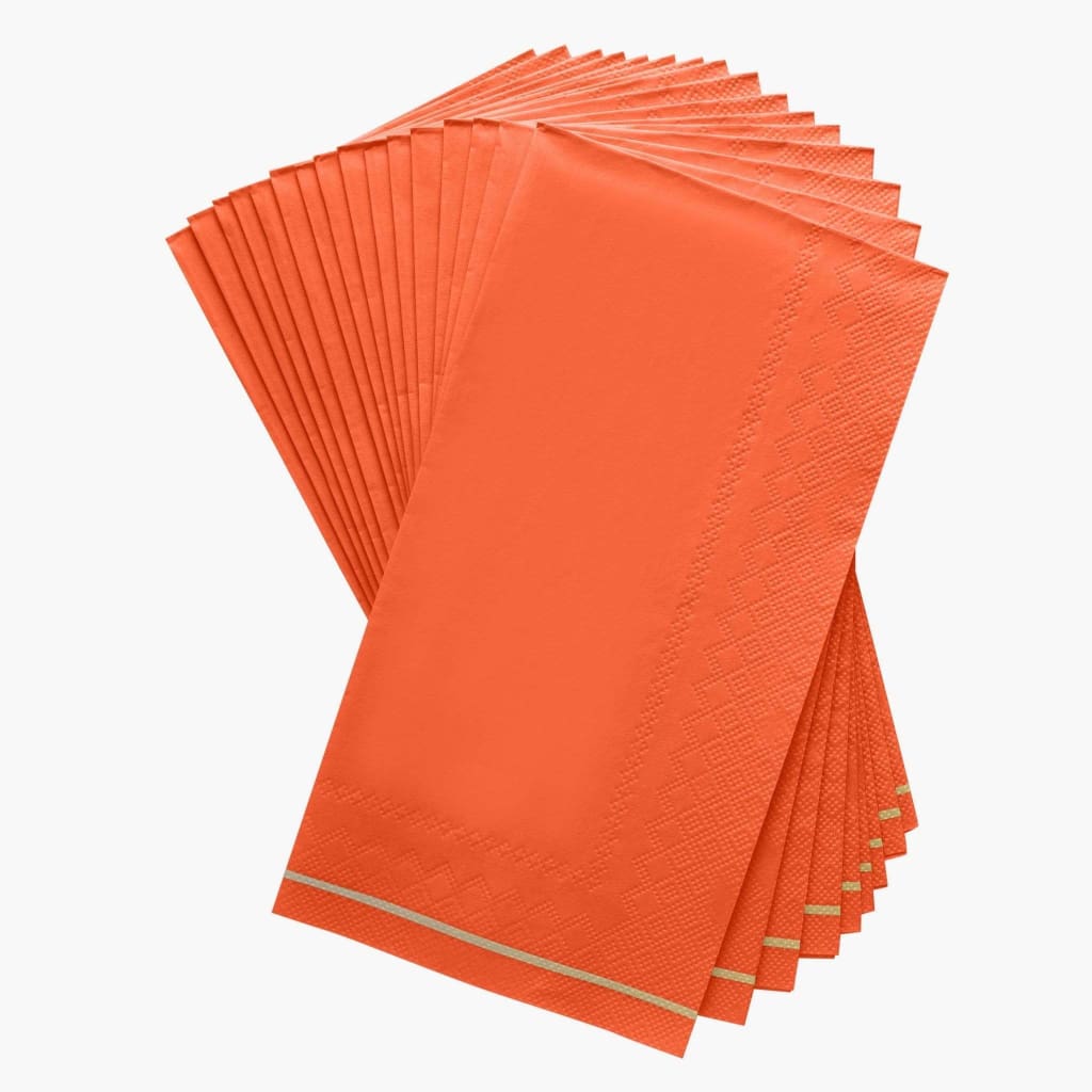 Luxe Party NYC Napkins 16 Dinner Napkins - 4.25" x 7.75" Orange with Gold Stripe Guest Paper Napkins | 16 Napkins