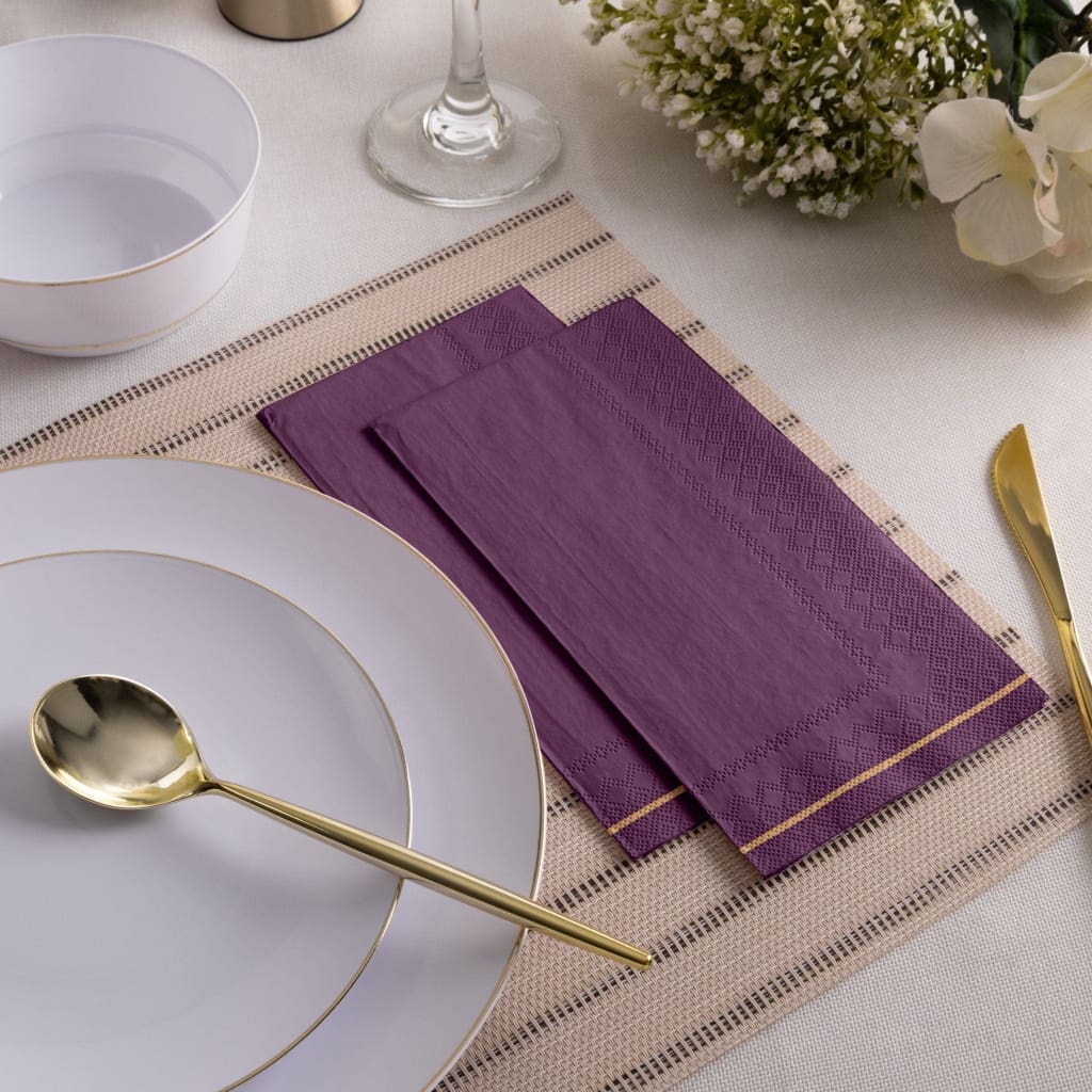 Luxe Party NYC Napkins 16 Dinner Napkins - 4.25" x 7.75" Purple with Gold Stripe Guest Paper Napkins | 16 Napkins