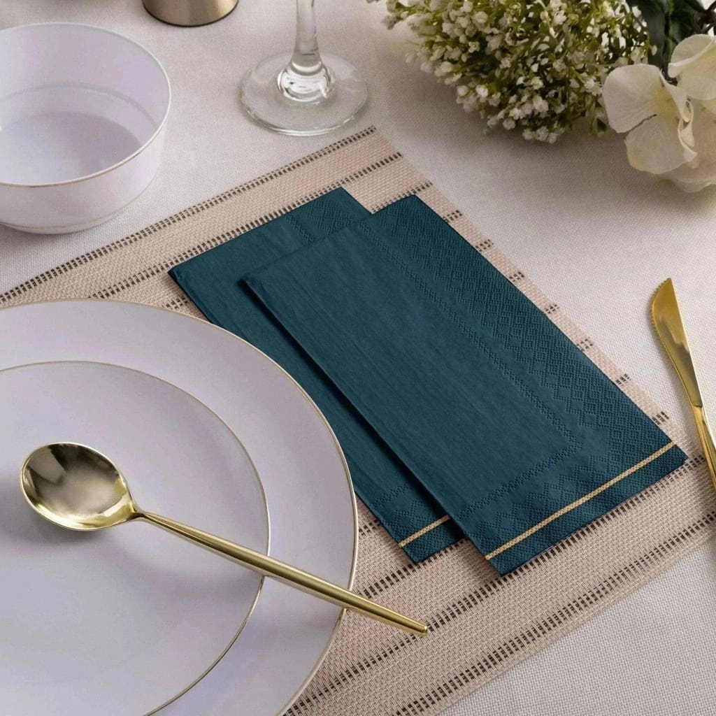 Luxe Party NYC Napkins 16 Dinner Napkins - 4.25" x 7.75" Teal with Gold Stripe Guest Paper Napkins | 16 Napkins