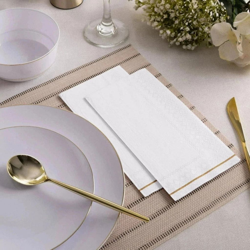 Luxe Party NYC Napkins 16 Dinner Napkins - 4.25" x 7.75" White with Gold Stripe Guest Paper Napkins | 16 Napkins