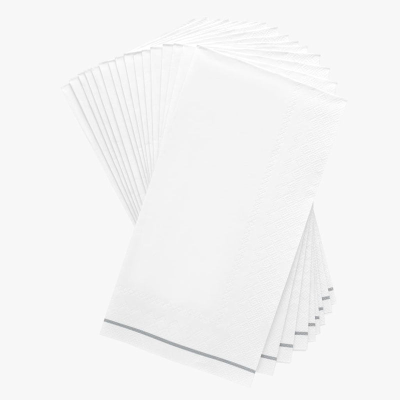 Luxe Party NYC Napkins 16 Dinner Napkins - 4.25" x 7.75" White with Silver Stripe Guest Paper Napkins | 16 Napkins