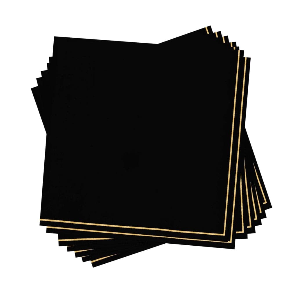 Luxe Party NYC Napkins 20 Beverage Napkins - 5" x 5" Black with Gold Stripe Paper Cocktail Napkins | 20 Napkins