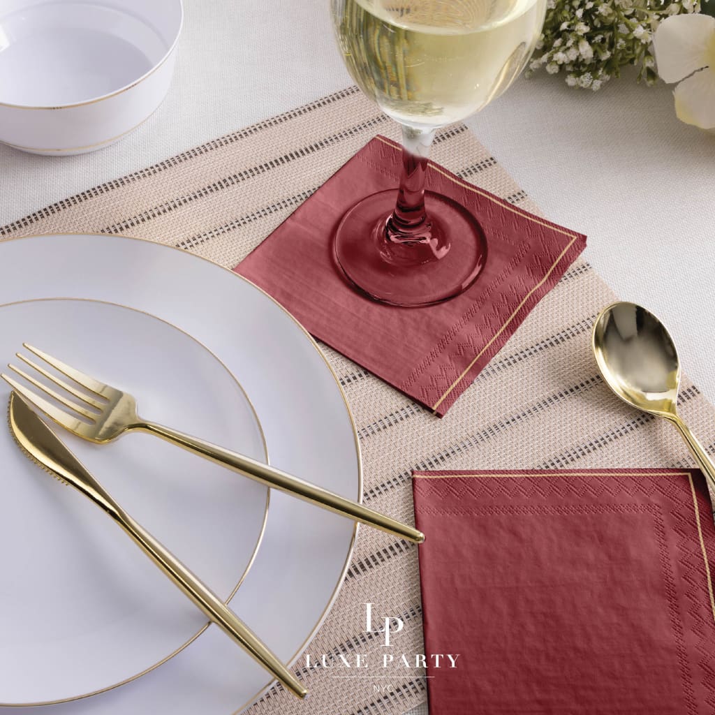 Luxe Party NYC Napkins 20 Beverage Napkins - 5" x 5" Cranberry with Gold Stripe Paper Cocktail Napkins | 20 Napkins