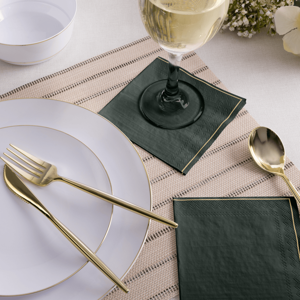 Luxe Party NYC Napkins 20 Beverage Napkins - 5" x 5" Emerald with Gold Stripe Paper Cocktail Napkins | 20 Napkins