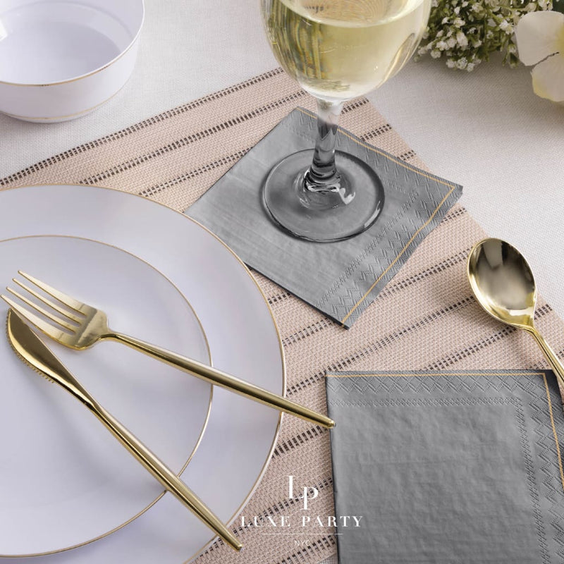 Luxe Party NYC Napkins 20 Beverage Napkins - 5" x 5" Grey with Gold Stripe Paper Cocktail Napkins | 20 Napkins