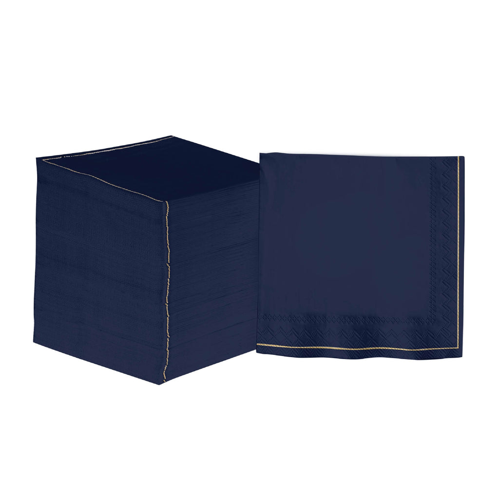 Luxe Party NYC Napkins 20 Beverage Napkins - 5" x 5" Navy with Gold Stripe Paper Cocktail Napkins | 20 Napkins