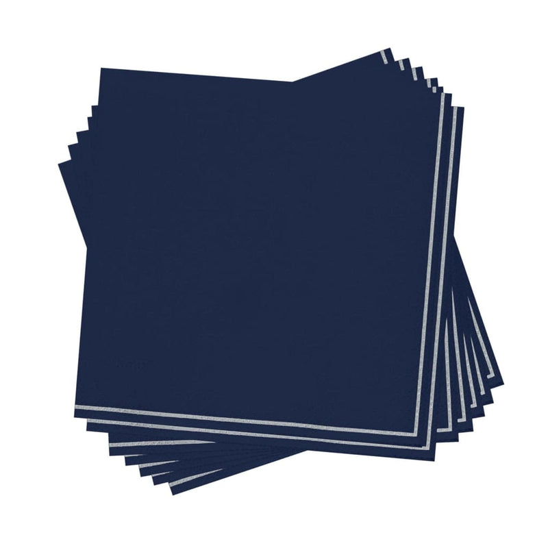 Luxe Party NYC Napkins 20 Beverage Napkins - 5" x 5" Navy with Silver Stripe Paper Cocktail Napkins | 20 Napkins
