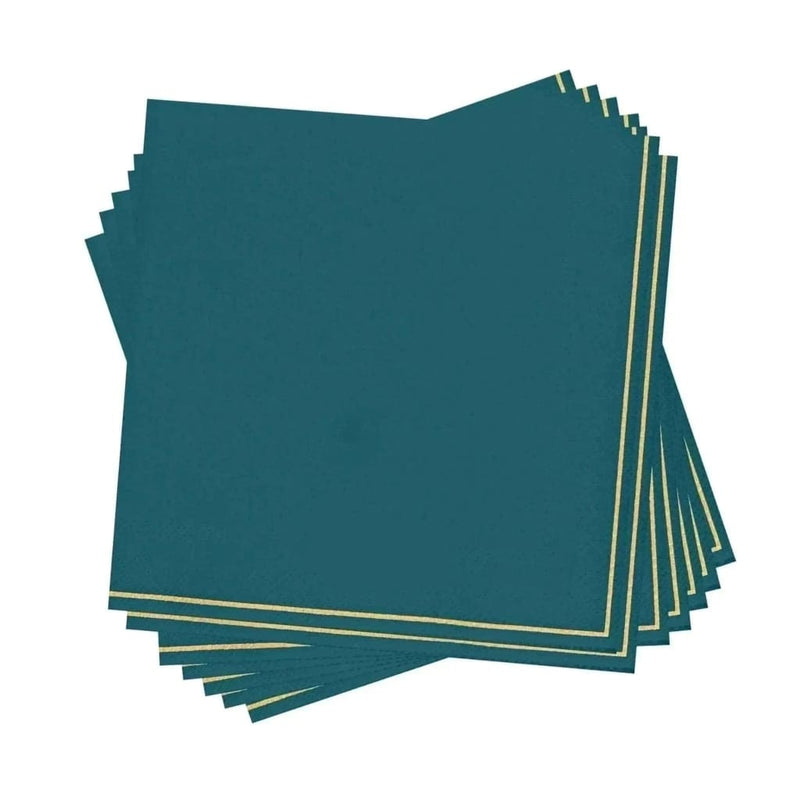 Luxe Party NYC Napkins 20 Beverage Napkins - 5" x 5" Teal with Gold Stripe Paper Cocktail Napkins | 20 Napkins