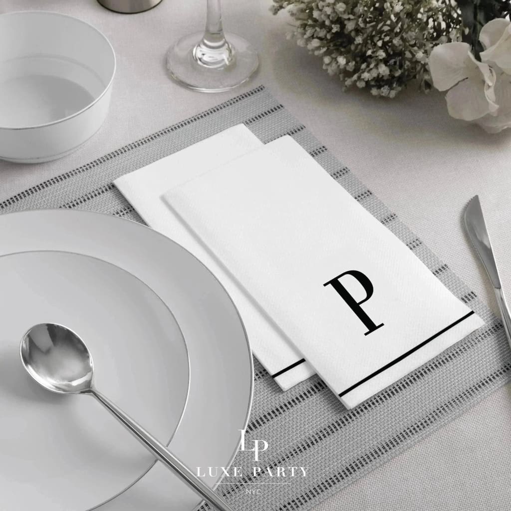 Luxe Party NYC Napkins Letter P Black Monogram Paper Disposable Dinner Napkins | 14 Napkins