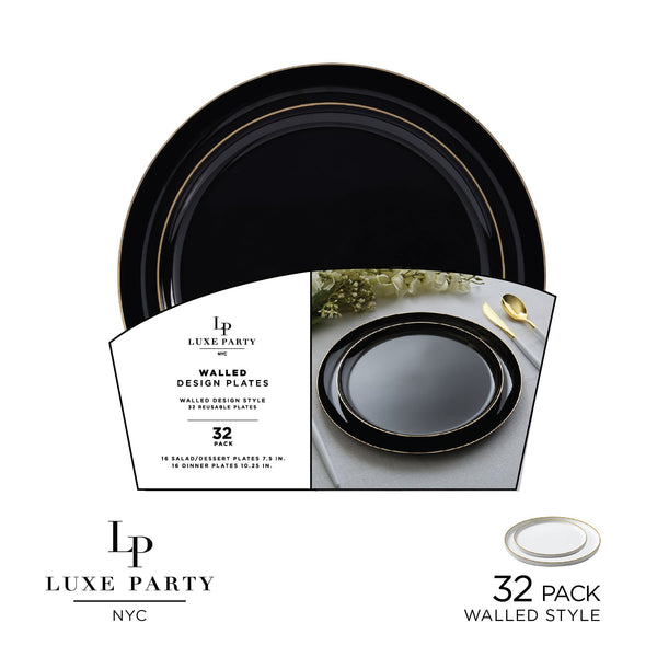 Luxe Party NYC Plastic Plates 16 Dinner and 16 Salad Plates Round Walled Black and Gold Plastic Plates Set | 32 Pack