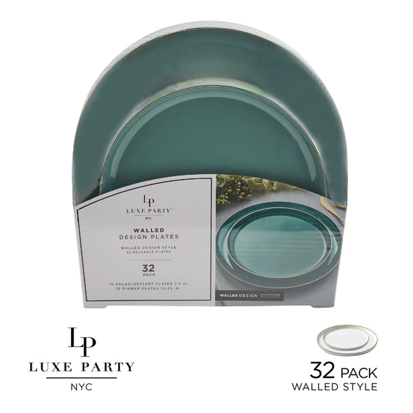 Luxe Party NYC Plastic Plates 16 Dinner and 16 Salad Plates Round Walled Sage and Gold Plastic Plates Set | 32 Pack