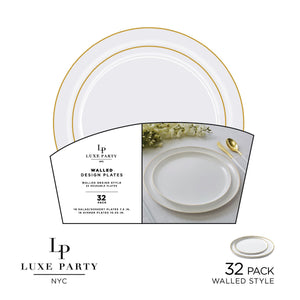 Luxe Party NYC Plastic Plates 16 Dinner and 16 Salad Plates Round Walled White and Gold Plastic Plates Set | 32 Pack