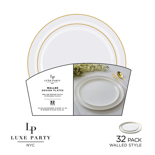 Luxe Party NYC Plastic Plates 16 Dinner and 16 Salad Plates Round Walled White and Gold Plastic Plates Set | 32 Pack