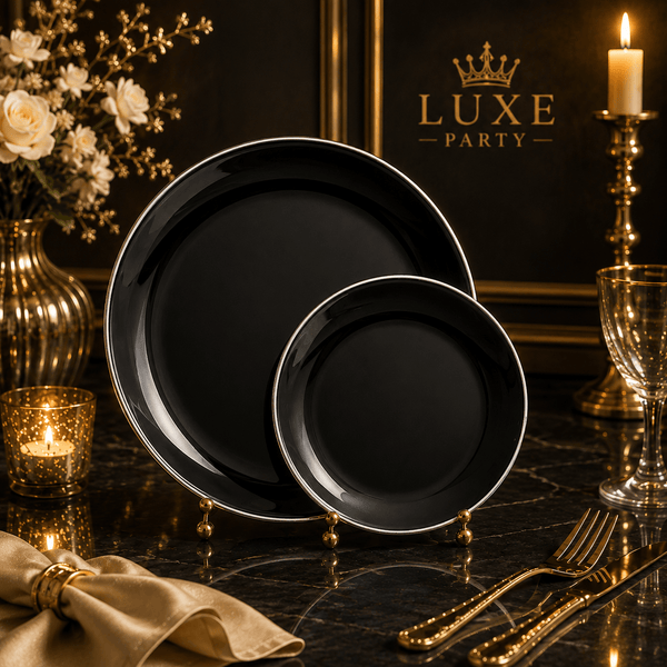 Luxe Party NYC Plastic Plates Black and Silver Round Plastic Plates | 10 Pack