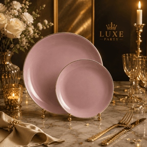 Luxe Party NYC Plastic Plates Round Mauve and Gold Plastic Plates | 10 Pack