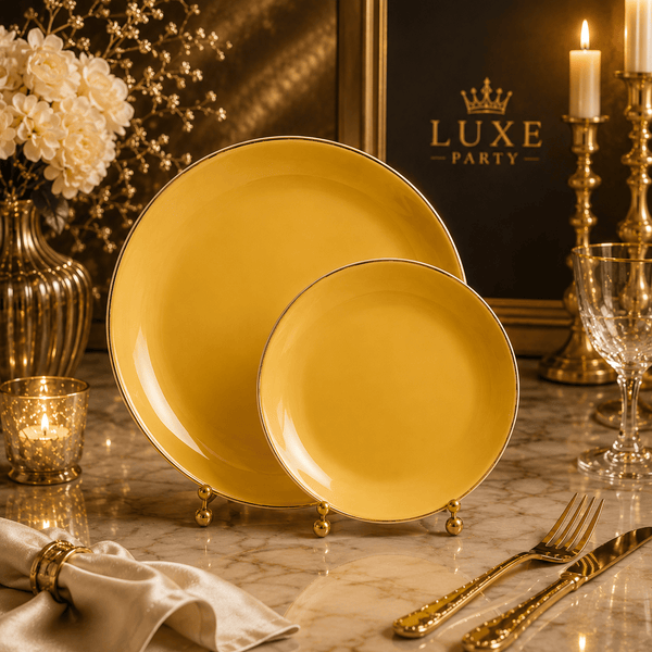 Luxe Party NYC Plastic Plates Yellow and Gold Round Plastic Plates | 10 Pack