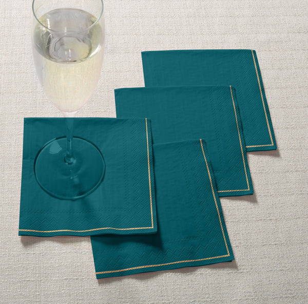 Luxe Party NYC Solid Color Beverage Napkins 20 Beverage Napkins - 5" x 5" Teal Green with Gold Stripe Paper Cocktail Napkins | 20 Napkins