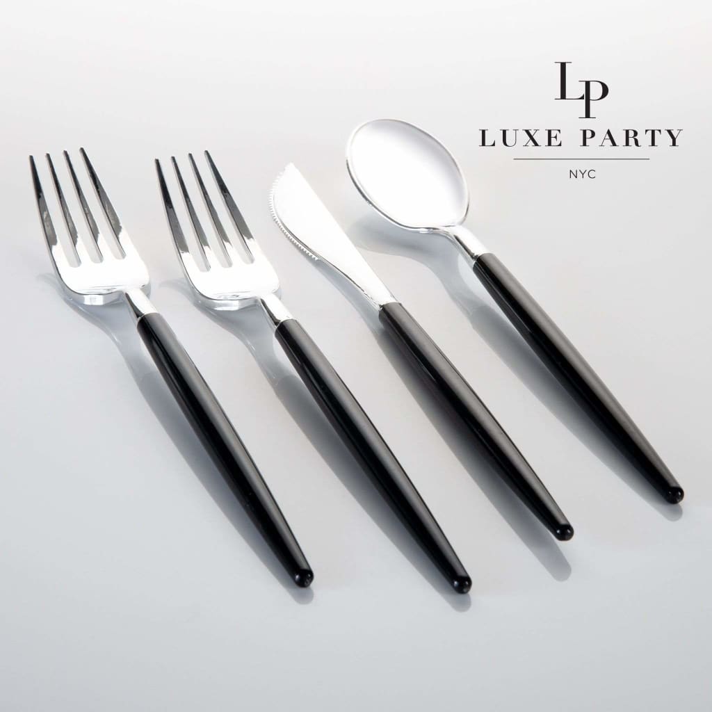 Luxe Party NYC Two Tone Cutlery Black • Silver Plastic Cutlery Set | 32 Pieces