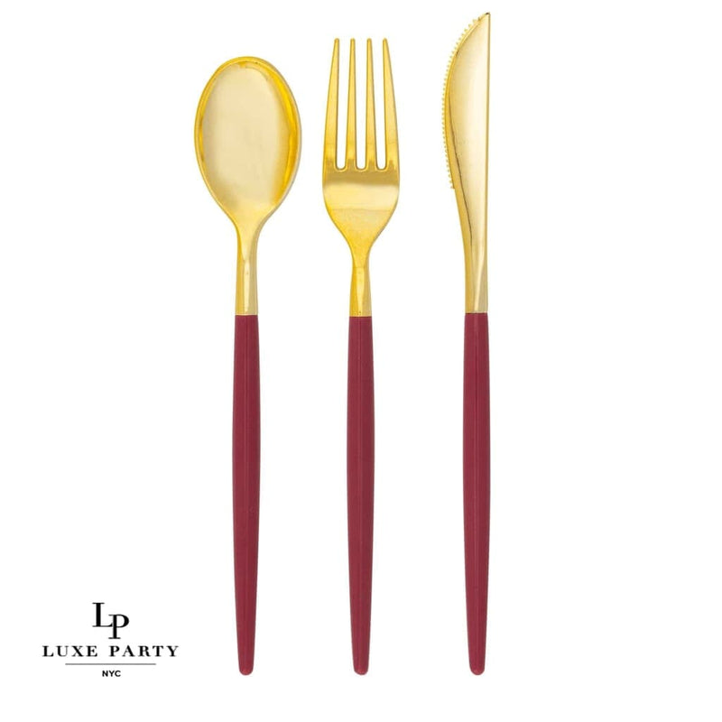 Luxe Party NYC Two Tone Cutlery Cranberry • Gold Plastic Cutlery Set | 32 Pieces