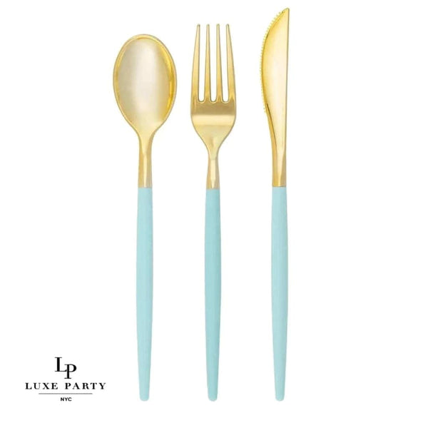 Luxe Party NYC Two Tone Cutlery Mint • Gold Plastic Cutlery Set | 32 Pieces
