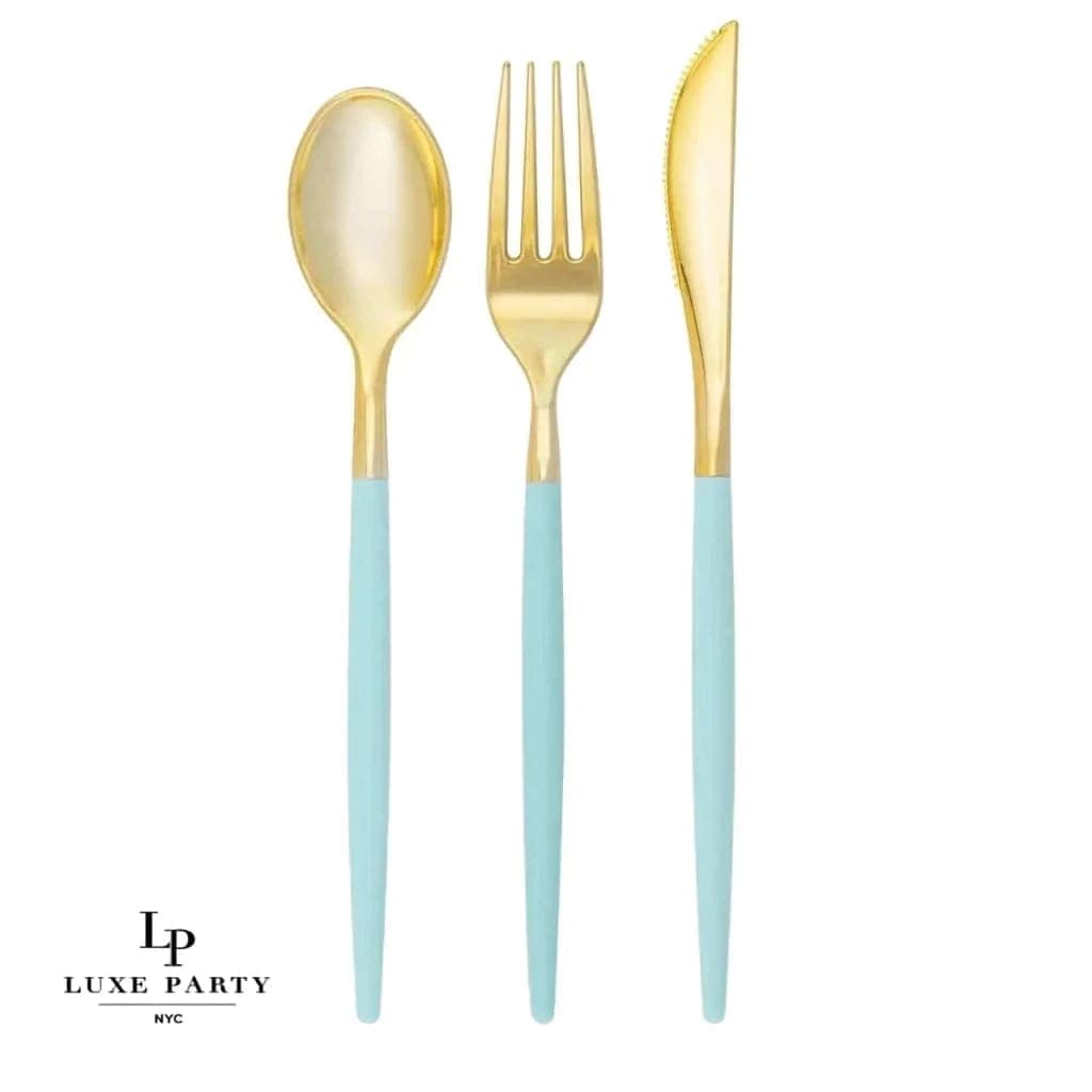 Luxe Party NYC Two Tone Cutlery Mint • Gold Plastic Cutlery Set | 32 Pieces