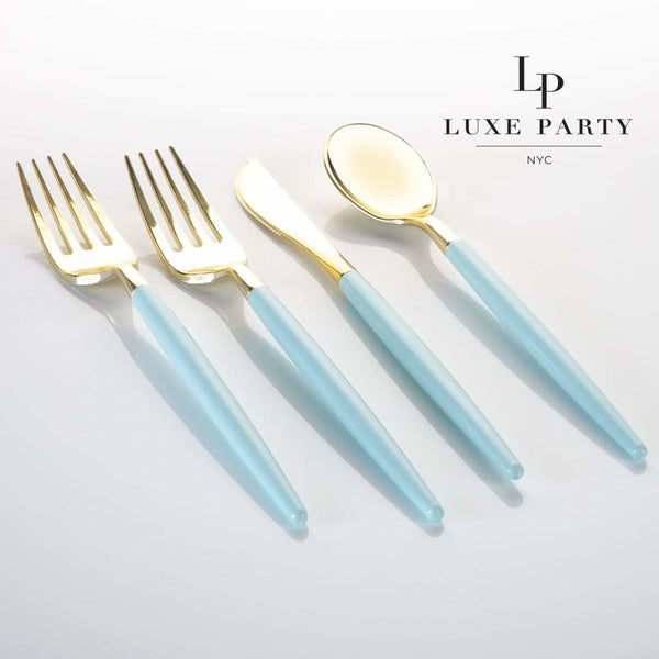 Luxe Party NYC Two Tone Cutlery Mint • Gold Plastic Cutlery Set | 32 Pieces