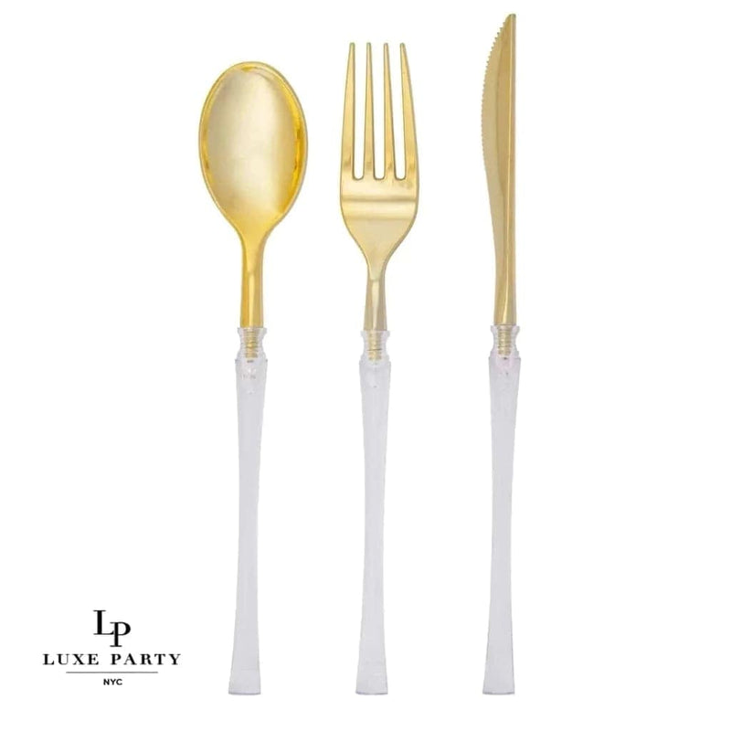 Luxe Party NYC Two Tone Cutlery Neo Classic Clear and Gold Plastic Cutlery Set | 32 Pieces