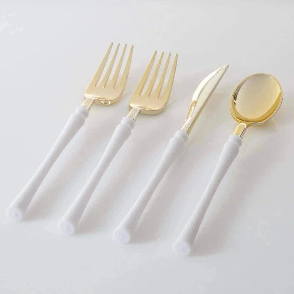 Luxe Party NYC Two Tone Cutlery Neo Classic White • Gold Plastic Cutlery Set | 32 Pieces