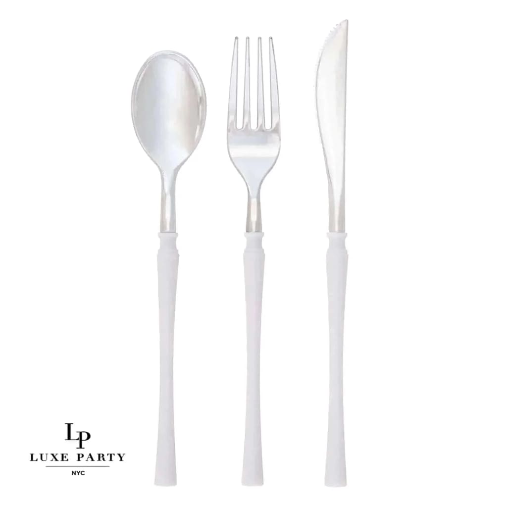 Luxe Party NYC Two Tone Cutlery Neo Classic White • Silver Plastic Cutlery Set | 32 Pieces