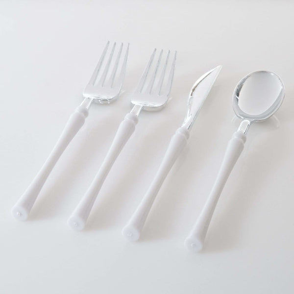Luxe Party NYC Two Tone Cutlery Neo Classic White • Silver Plastic Cutlery Set | 32 Pieces