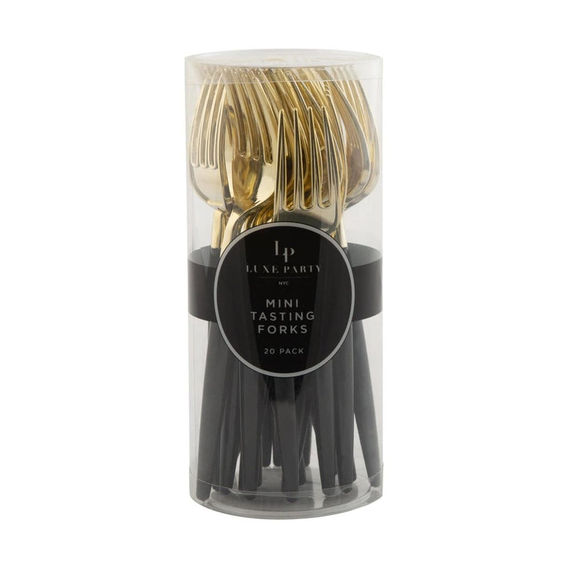 Luxe Party NYC Two Tone Mini 20 Mini Forks Black and Gold Plastic Mini Forks | 20 Forks