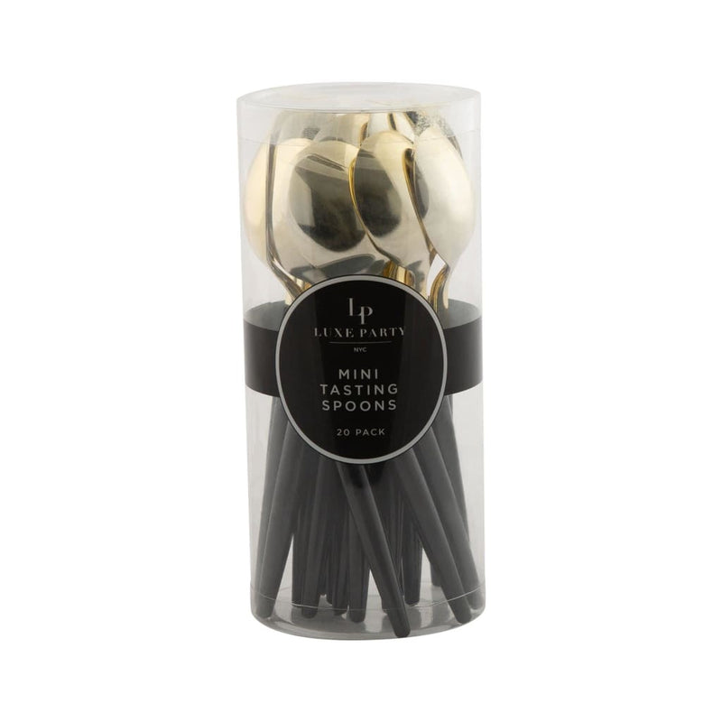Luxe Party NYC Two Tone Mini 20 Mini Spoons Black and Gold Plastic Mini Spoons | 20 Spoons
